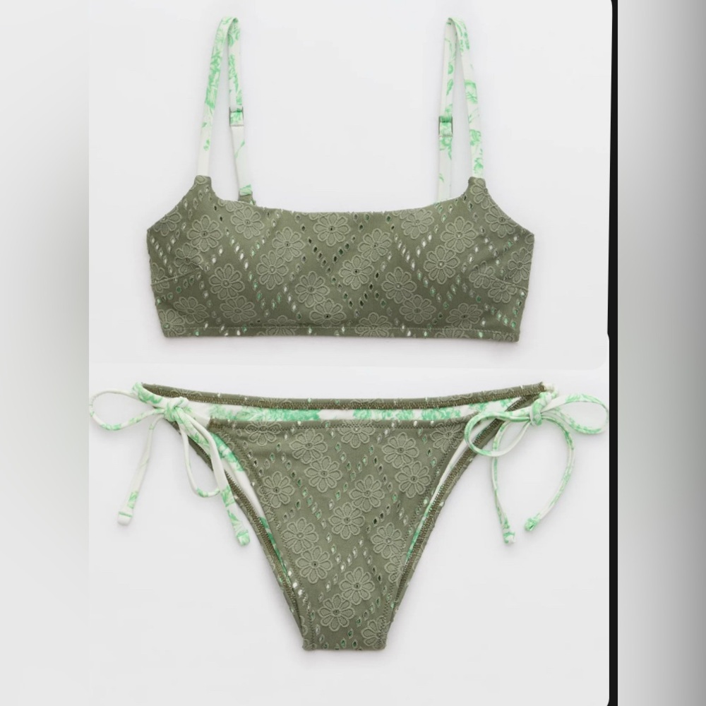 NWT Aerie FULL SET Eyelet Straight Scoop Top + Cheeky String Tie Bottom Olive